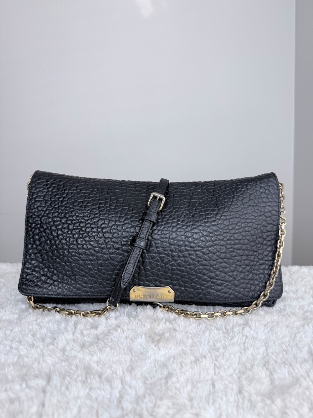 Burberry Black Pebbled Leather Chain Crossbody Bag with Gold Hardware